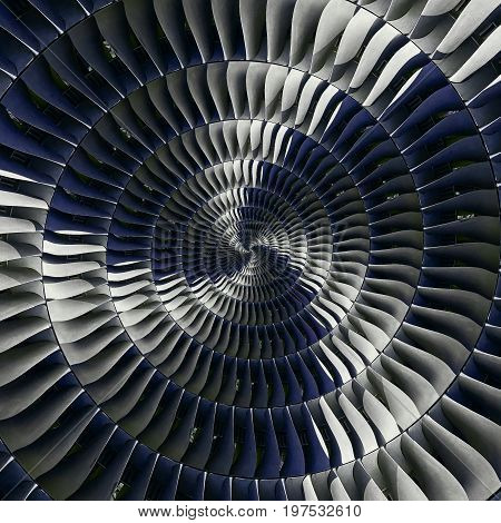 Turbine blades wings spiral effect abstract fractal pattern background. Spiral industrial production metallic turbine background. Turbine technology abstract fractal pattern. Airscrew drawing shape