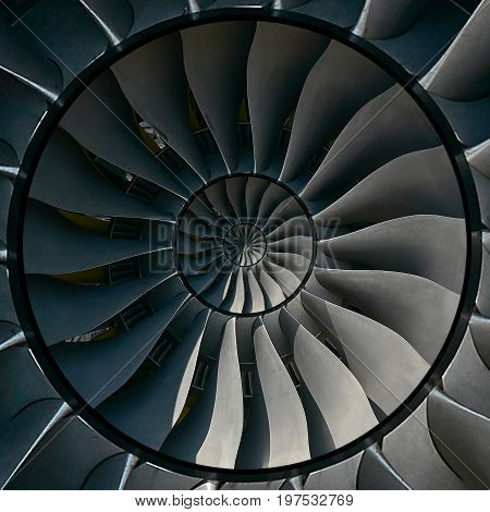 Turbine blades wings effect abstract fractal pattern background. Circle round turbine blades production metallic background. Turbine industrial technology abstract fractal pattern staircase