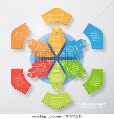 Vector infographic web element of arrows and round shapes with text and icons on the gradient gray background with shadow.