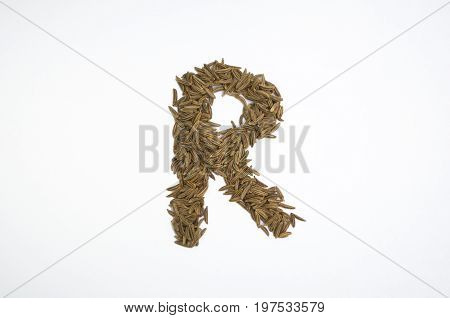 Written letters with carum carvi on white background