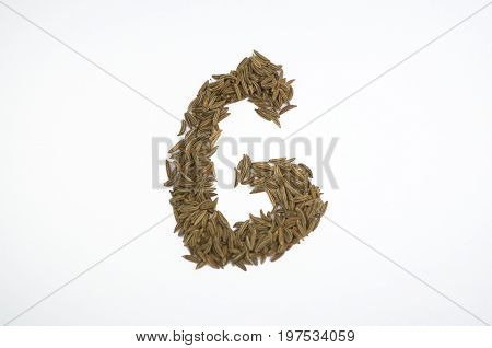 Written letters with carum carvi on white background