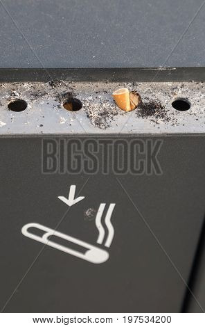 Cigarette Butt Outdoors In Metal Outdoors Ashtray