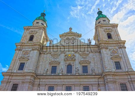 The Salzburg Cathedral on a sunny day against blue sky