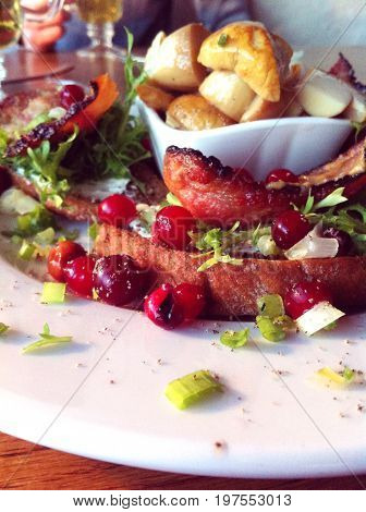 Delicious starter food (appetiser) - bacon, cranberries, mushrooms