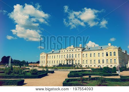 Rundale, Latvia - August 3, 2013: The Rundāle Palace built during the 16th century was located on the northern side of the pond. It can be seen in the design of F. B. Rastrelli as a small square field with towers in the corners.