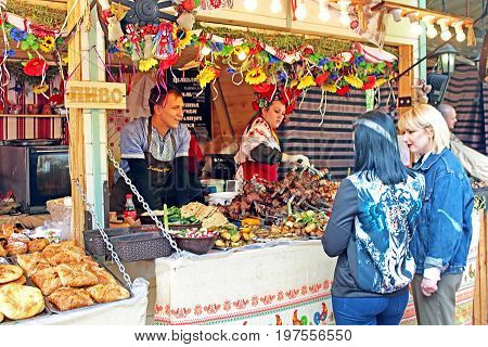 KYIV, UKRAINE -MAY 01, 2017: Food cout on sale of meal and drink located in Fan Zone of the international Eurovision Song Contest 2017 near Sofia square