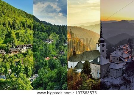 Four season folder in old mining village in Slovakia. Historic church in Spania Dolina. Spring, summer, autumn and winter landscape.