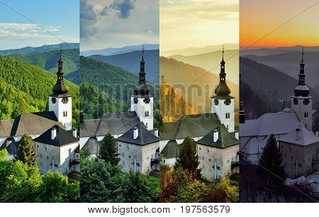 Four season folder in old mining village in Slovakia. Historic church in Spania Dolina. Spring, summer, autumn and winter landscape.
