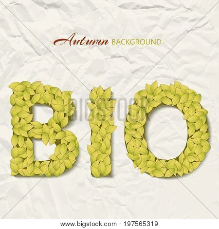Autumn design concept with bio text made up of yellow leaves on wrinkled paper background vector illustration