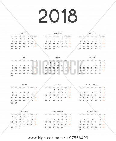 Simple template for printing modern calendar 2018 in Spanish. Week starts from Monday.