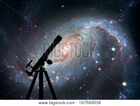 Space Background With Silhouette Of Telescope. Stellar Nursery N