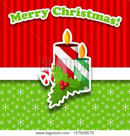 Merry christmas holiday postcard with candles candy and mistletoe in green red and white colors flat vector illustration