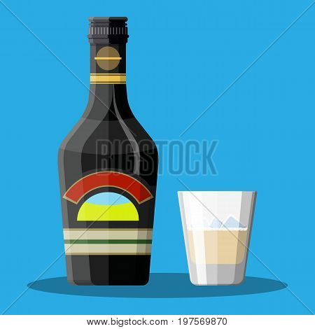 Bottle of chocolate coffee cream liquor and glass with cubes of ice. Liquor alcohol drink. Vector illustration in flat style