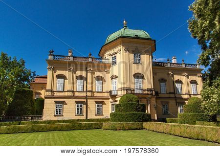 Baroque chateau Buchlovice in the Czech Republic. Classical baroque building. Tourism in Central Europe. Ornamental gardens