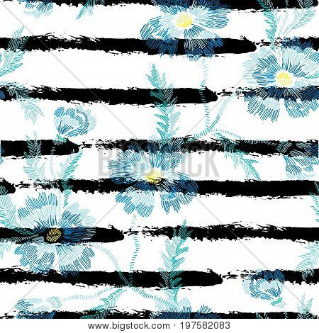 Elegant seamless pattern with hand drawn decorative cornflowers design elements. Floral pattern for wedding invitations cards wallpapers scrapbooking print gift wrap manufacturing. Embroidery