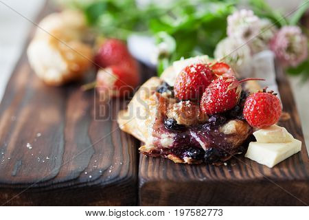 Blueberry Cake Decprated With Fresh Strawberry