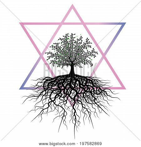 Art poster - the tree of life. Color gradient triangle and tree with large roots