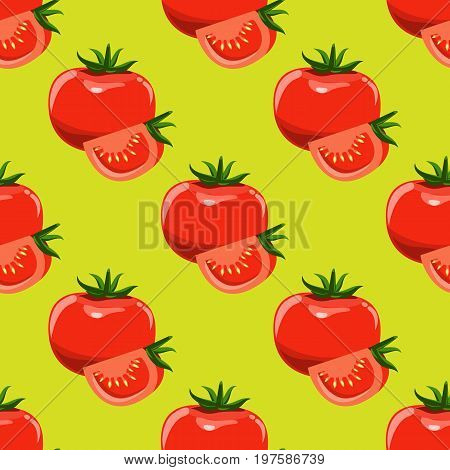 Tomatoes and slices of tomato seamless background. Flat and solid color design. Vector illustration.