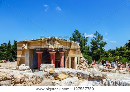 Knossos Crete June 10 2017: Scenic ruins of the Minoan Palace of Knossos. Knossos palace is the largest Bronze Age archaeological site on Crete of the Minoan civilization and culture