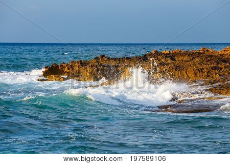 Landscape Of Beautiful Coast During Sunset Near Malia, Crete,  Greece