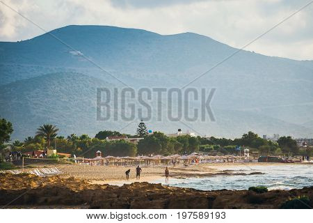 Landscape Of Beautiful Coast During Sunset Near Malia, Crete,  Greece