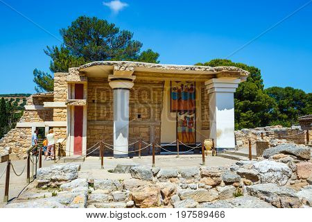 Knossos, Crete, June 10, 2017: Scenic Ruins Of The Minoan Palace Of Knossos. Knossos Palace Is The L
