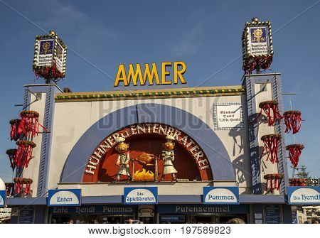 Munich, Germany - September 24, 2016: Ammer Gefluegelbraterei building on Theresienwiese during Oktoberfest