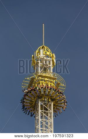 Munich, Germany - September 24, 2016: Free fall tower at Oktoberfest with 80 meter height