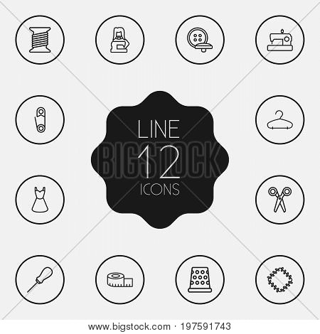 Collection Of Buttons, Safety Pin, Dress And Other Elements.  Set Of 12 Sewing Outline Icons Set.