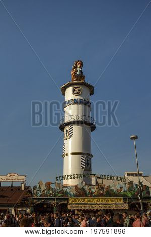 Munich, Germany - September 24, 2016: Famous tower of the Loewenbraeu beer tent with the lion sculpture on top