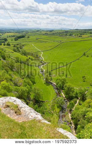 Malham Cove view from the top Yorkshire Dales National Park UK