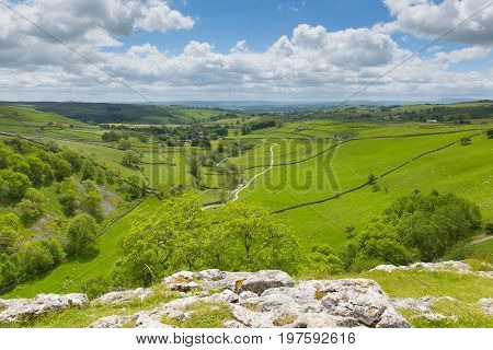 Malham Cove view from the top Yorkshire Dales National Park UK