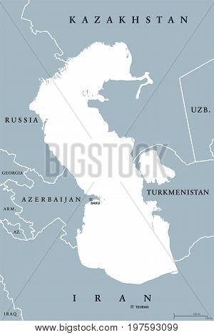 Caspian Sea region political map with borders and countries. Body of water, basin, and largest lake on earth between Europe and Asia. Gray illustration. Vector.