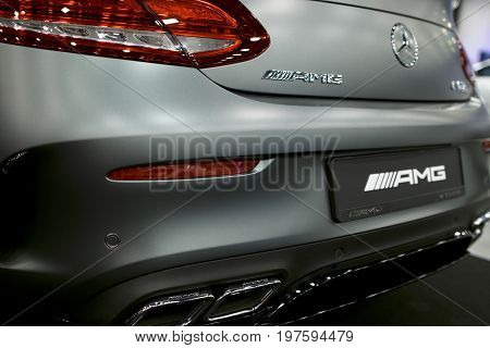 Sankt-Petersburg Russia July 21 2017: Back view of a Mercedes Benz C 63s coupe 2017. Exhaust system. Car exterior details. Photo Taken on Royal Auto Show July 21