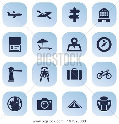 Collection Of Booth, Seamark, Bike And Other Elements.  Set Of 16 Travel Icons Set.