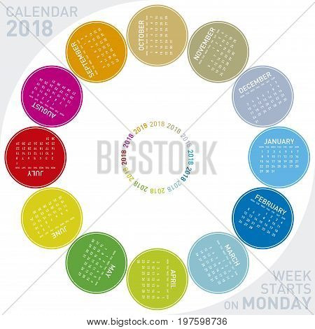 Colorful Calendar For 2018. Circular Design. Week Starts On Monday