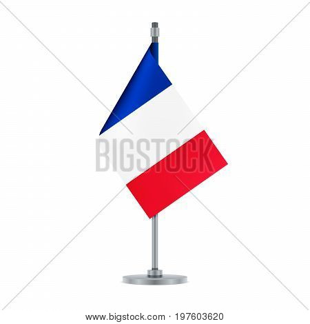 Flag design. French flag hanging on the metallic pole. Isolated template for your designs. Vector illustration.