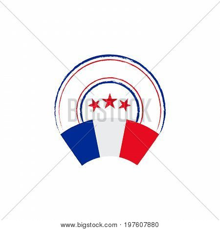 Flag and stamp design. Retro stamp with French flag on white background. Isolated template for your designs. Vector illustration.