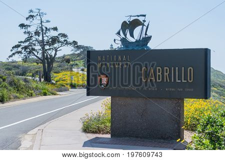 March 31 2017: Point Loma United States: Cabrillo National Monument Sign