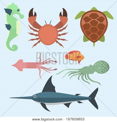 Vector set of cute sea animals creatures characters. Cartoon ocean underwater aquarium life water collection graphic aquatic tropical beasts