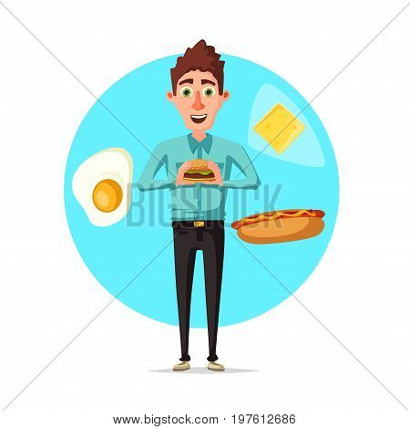 Man holding cheeseburger or fast food sandwich for breakfast or fastfood lunch. Vector flat icon of manager or office worker eating meals of hot dog, fried egg and cheese at break