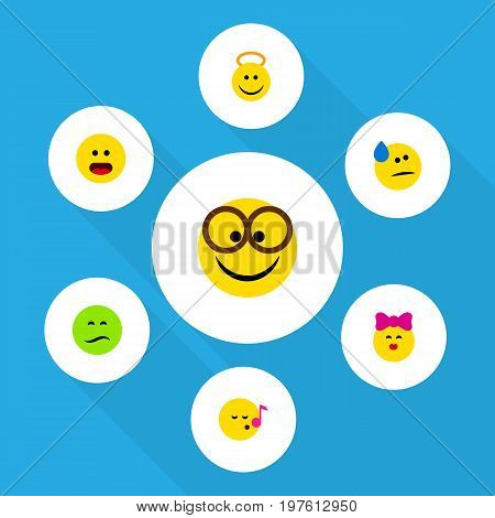 Flat Icon Emoji Set Of Frown, Angel, Descant And Other Vector Objects