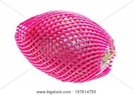 Hamigua melon (sweet cantaloupe melon) in red net foam protection isolated on white background.