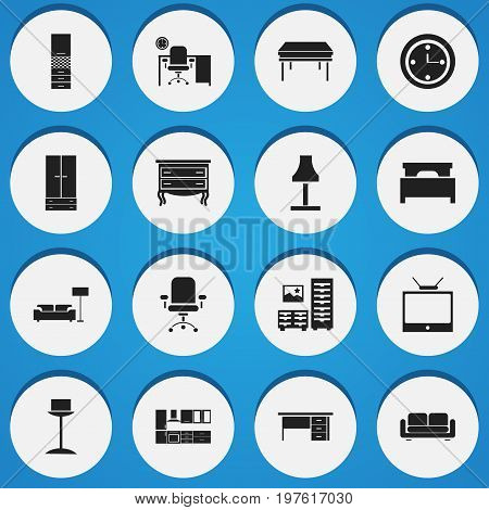 Set Of 16 Editable Furniture Icons. Includes Symbols Such As Ergonomic Seat, Trestle, Television And More