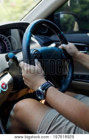 People Drive Car Travel Road Trip, Hand Man Holding Control Steering Wheel
