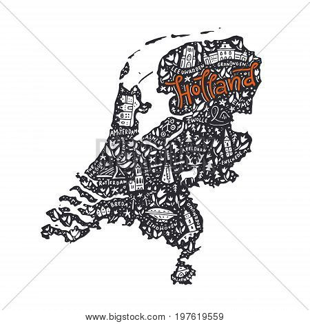 Hand drawn map of Holland. Cartoon illustration made in vector