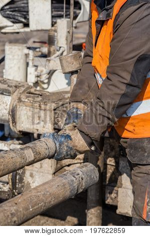 Drilling Crewmen Hands Connect Drill Pipe