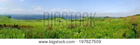 Summer meadow and sea panoramic view landscape background