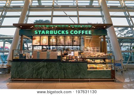 INCHEON, SOUTH KOREA - CIRCA JUNE, 2017: Starbucks at Incheon International Airport. Starbucks Corporation is an American coffee company and coffeehouse chain.