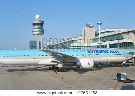 INCHEON, SOUTH KOREA - CIRCA MAY, 2017: Korean Air aircraft on tarmac at Incheon International Airport. Incheon International Airport is the primary airport serving the Seoul Capital Area.